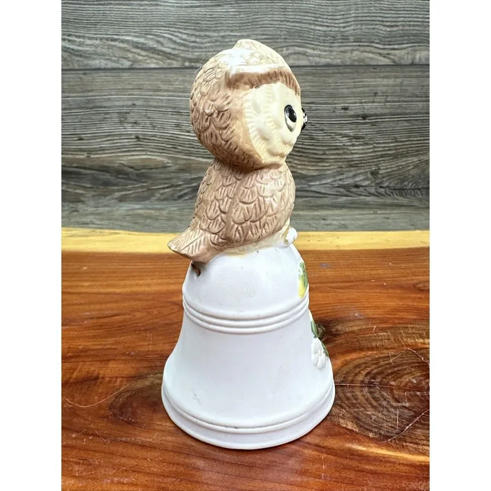 Vintage Owl Bell Ceramic‎ Horned Pink Flowers Taiwan Big Eyes 5ins